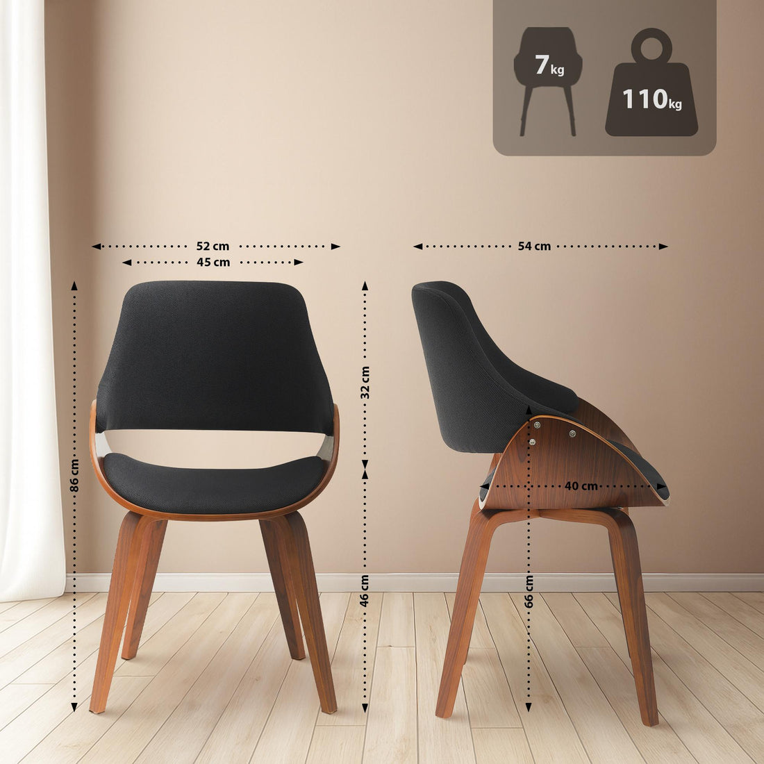 Set van 2 Eetkamerstoelen - Keukenstoelen - Walnoot/Zwart - Comfortabel & Elegant Design Kleur noten/zwart