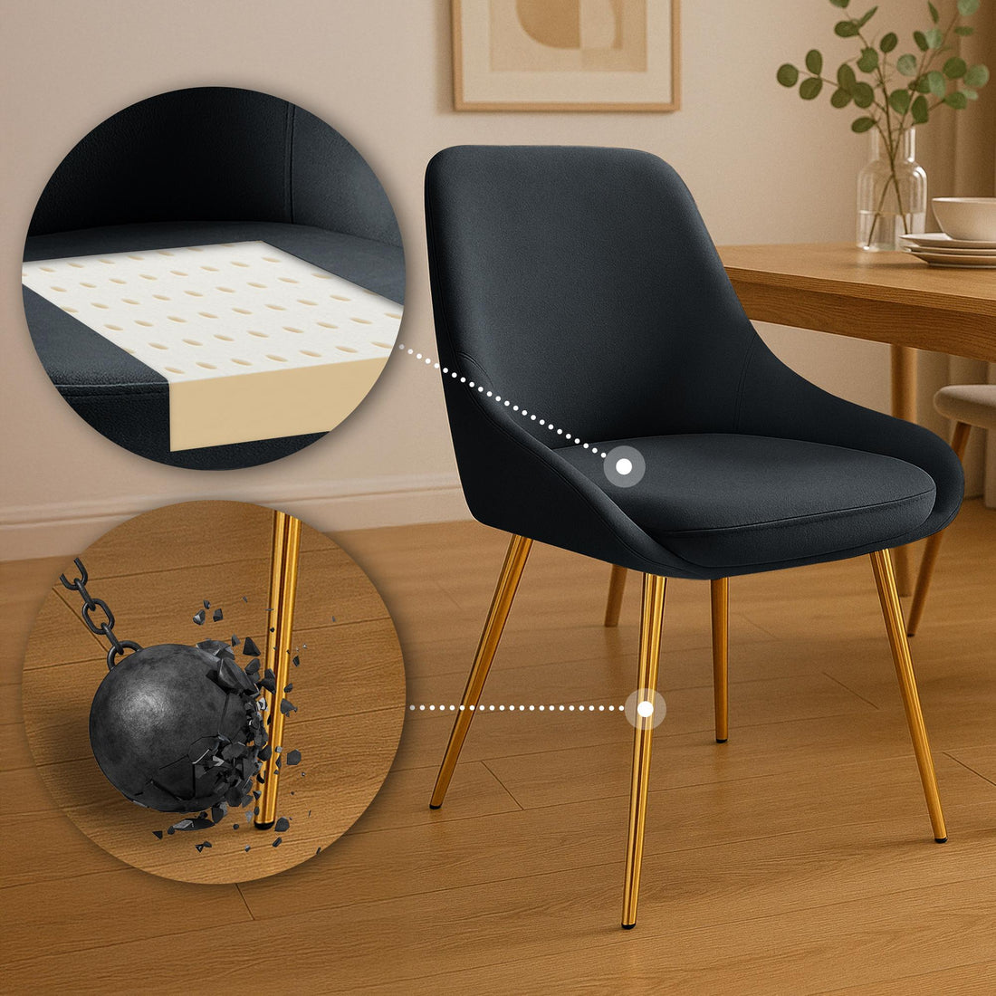 2-delige set Eetkamerstoelen - Velvet Stoelen - Comfortabele armleuningen, goud metalen onderstel Kleur zwart