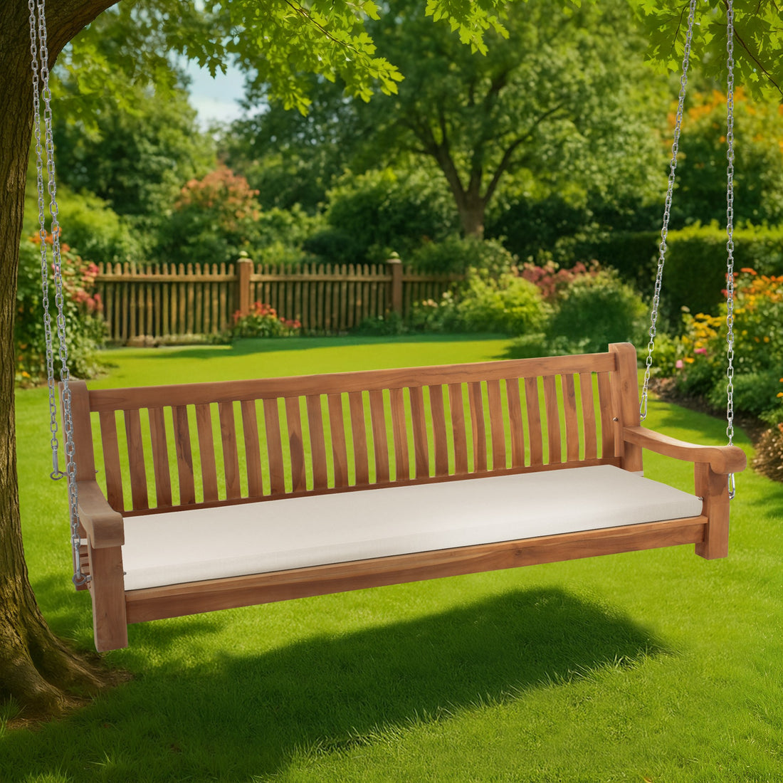Teakhouten Schommelbank - Tuinschommel - Hoog Zitcomfort met Comfortabel Koudschuim Kussen Kleur crème