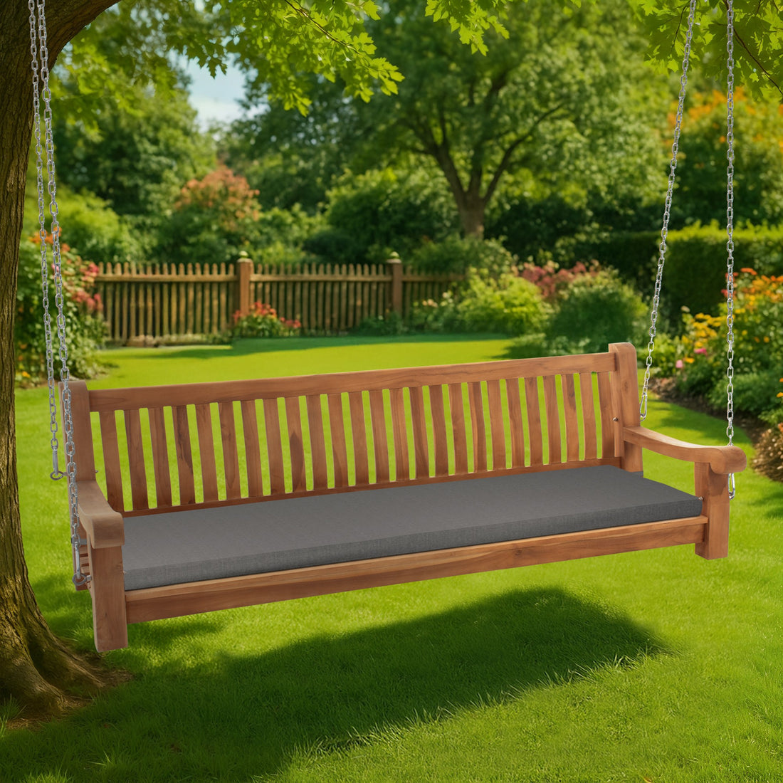 Teakhouten Tuinschommel - Schommelbank - Hoog zitcomfort met Weerbestendig Kussen Kleur donkergrijs