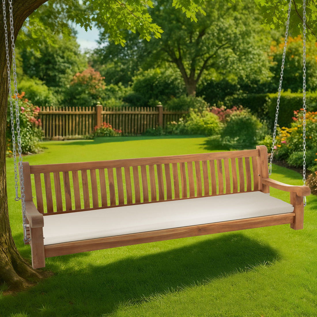 Schommelbank met Zitkussen - Tuinschommel - Hoog Zitcomfort - Weerbestendig Teakhout Kleur crème