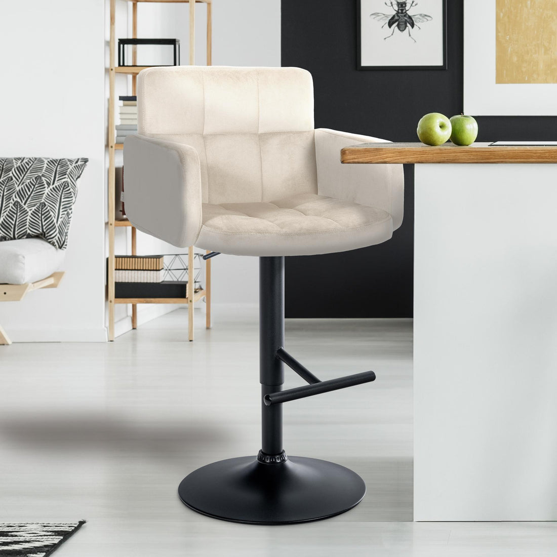 2-delige set Barkrukken – Fluwelen Stoelen – Verstelbaar & 360° draaibaar – Hoog zitcomfort Kleur crème