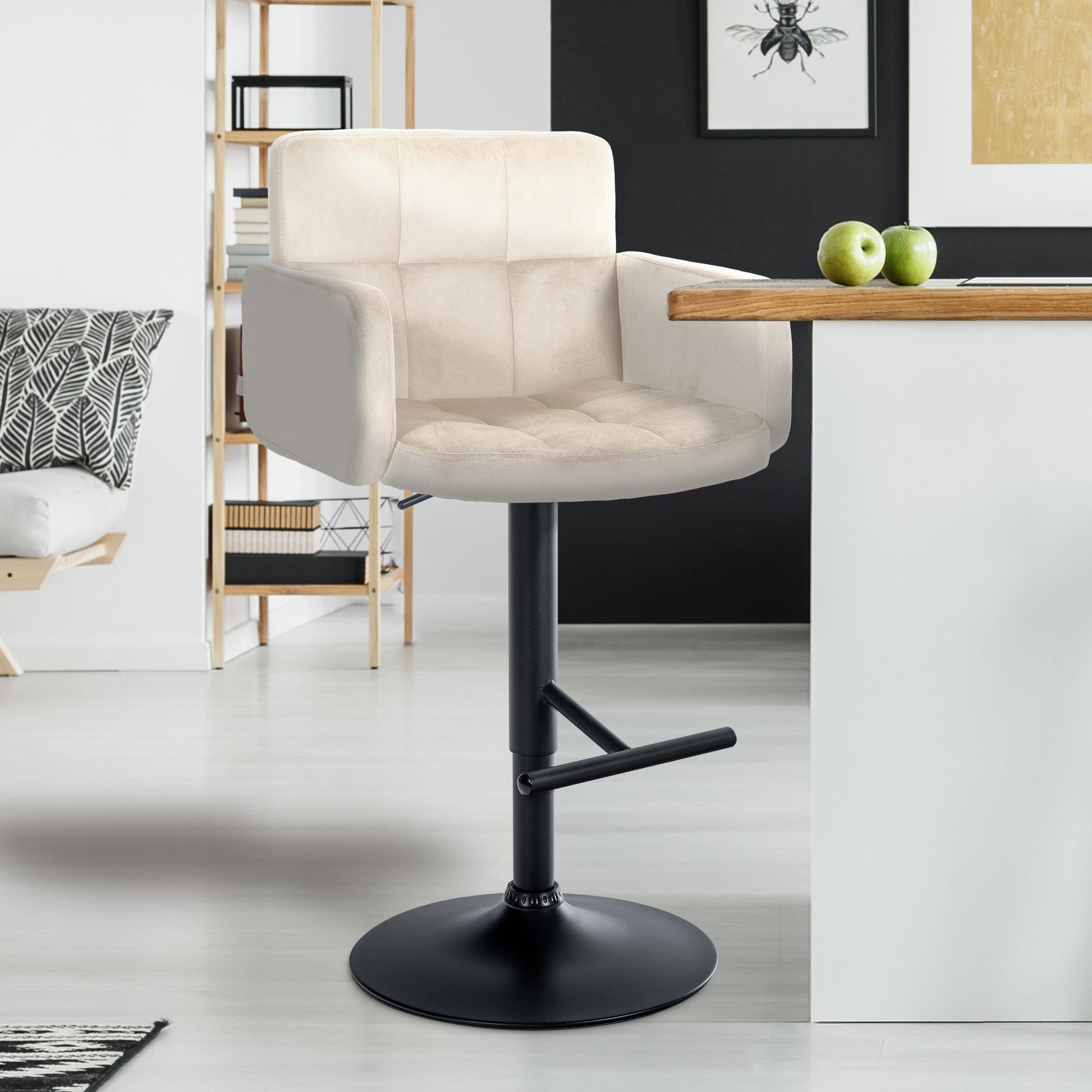 2-delige set Barkrukken – Fluwelen Stoelen – Verstelbaar & 360° draaibaar – Hoog zitcomfort Kleur crème
