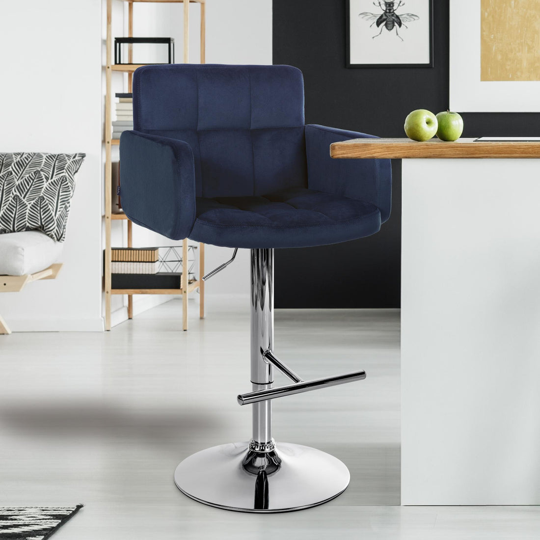 2-delige set Barkrukken – Fluwelen Stoelen – Verstelbaar & 360° draaibaar, Extra Zitcomfort, Blauw Kleur blauw