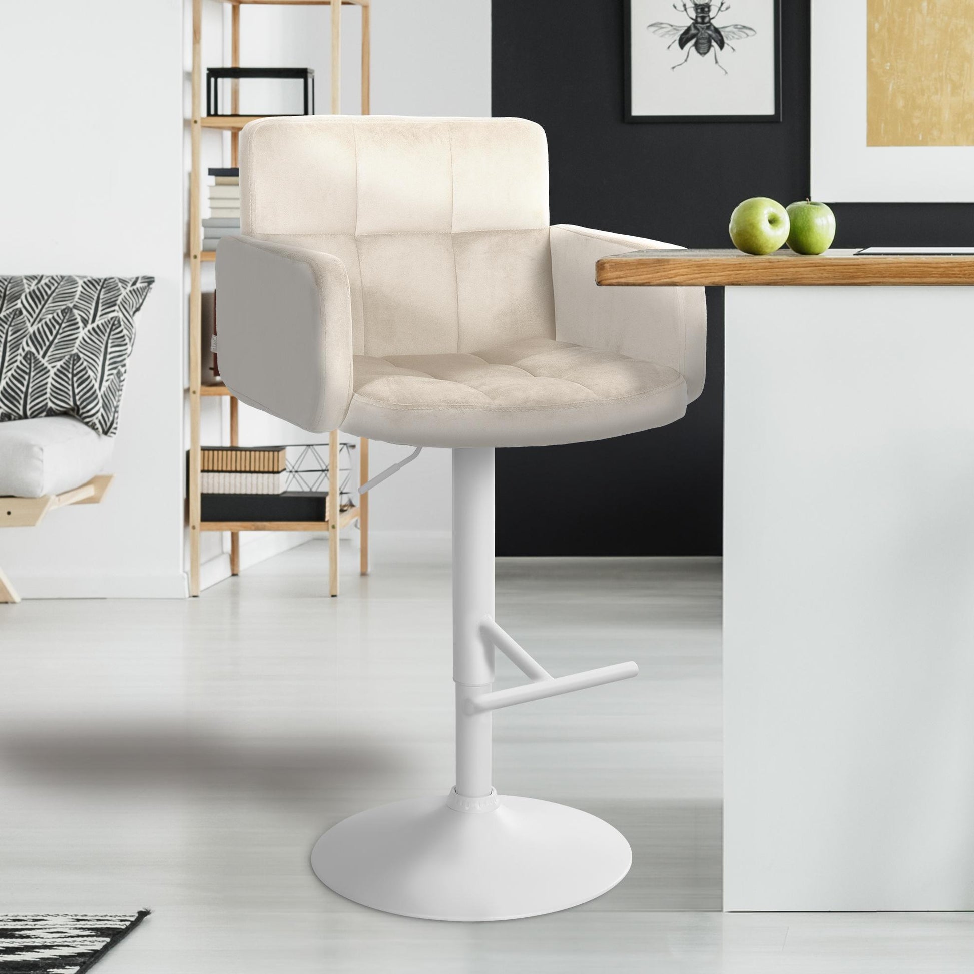 2-delige set Barkrukken - Fluwelen stoelen - Verstelbaar & 360° draaibaar - Hoog zitcomfort Kleur crème