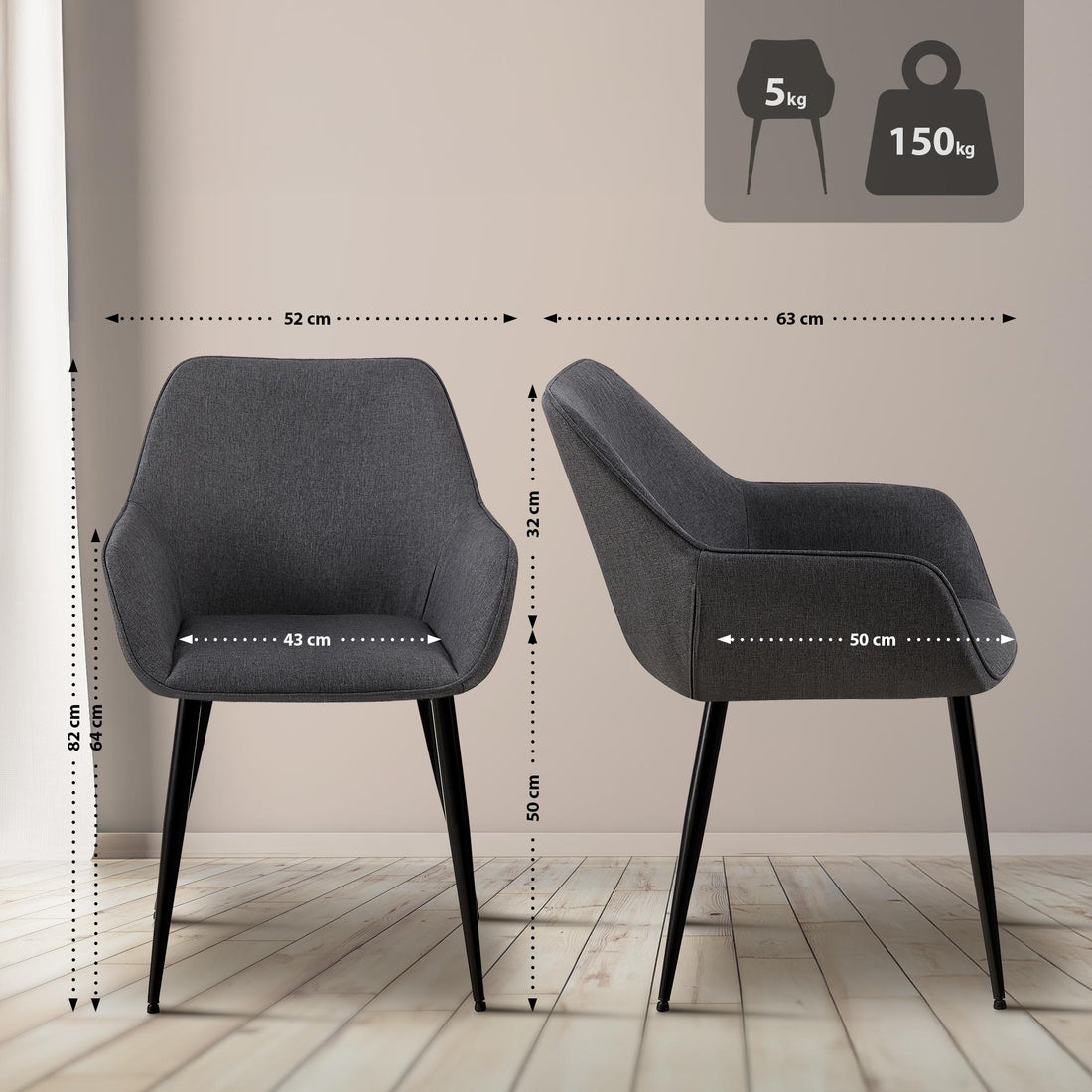 Donkergrijze Eetkamerstoel - Armstoel - Comfortabele Stoffen Bekleding, Ergonomisch Design Kleur donkergrijs
