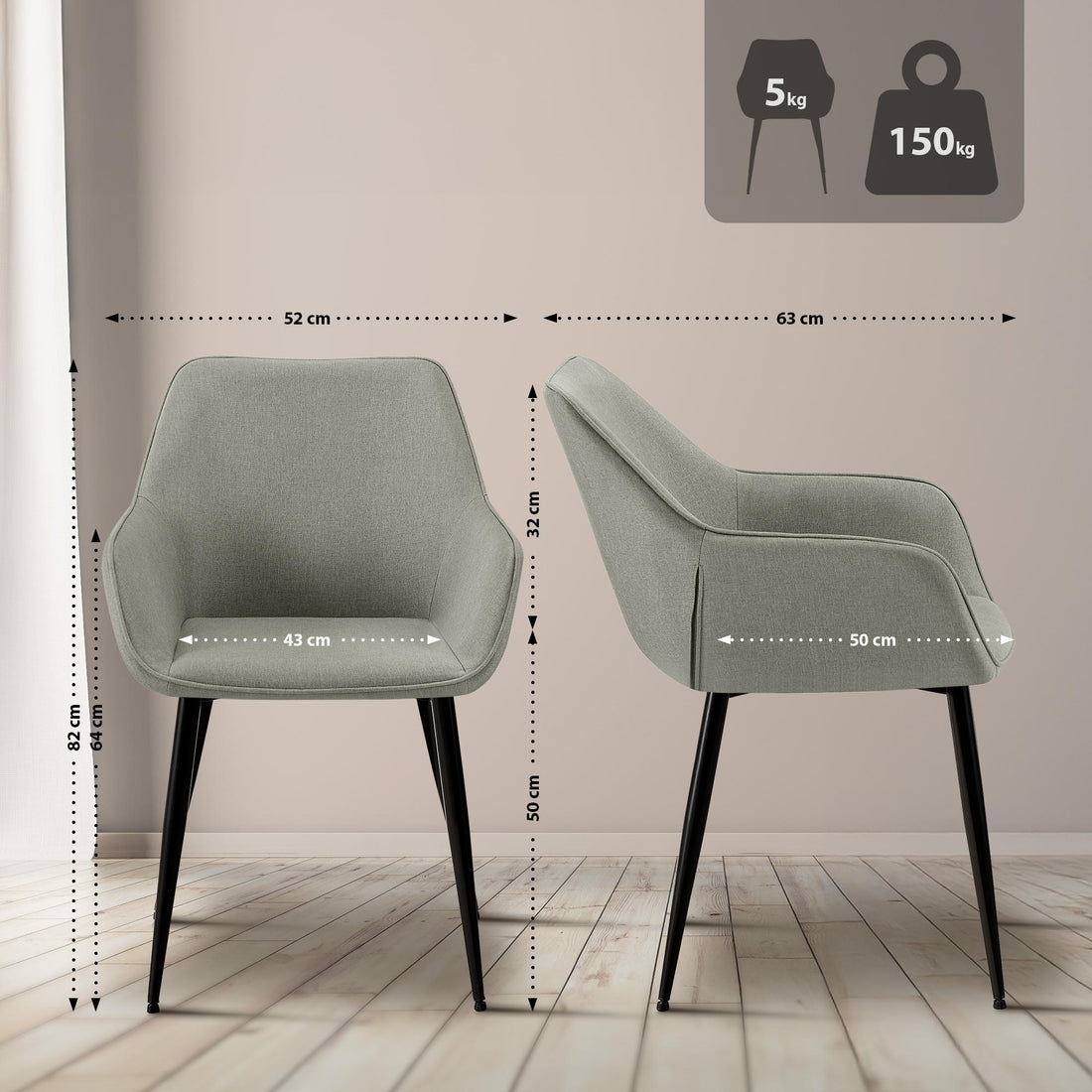 Moderne Eetkamerstoel - Design Stoel - Comfortabel zitkussen, lichtgrijs, stevig & Kleur lichtgrijs