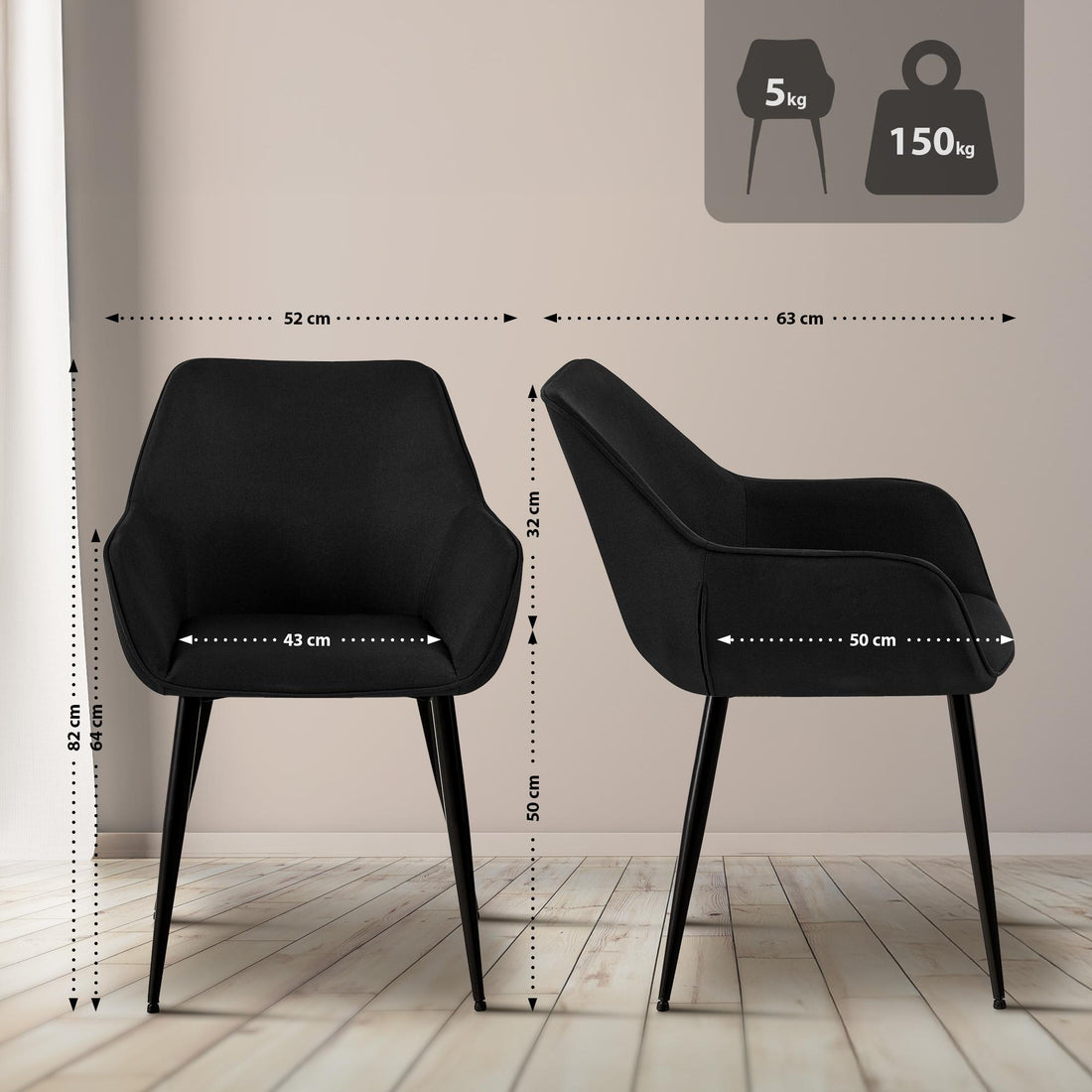 Moderne Eetkamerstoel - Zwarte Stoel - Comfortabel & Onderhoudsvriendelijk - Stoffen Bekleding Kleur zwart