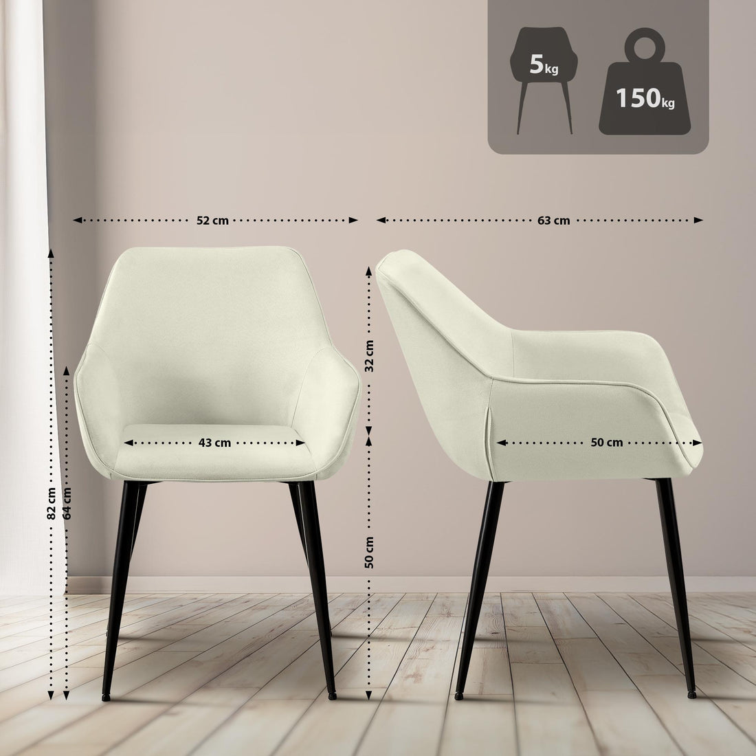 Moderne Eetkamerstoel - Comfortabele Armstoel - Onderhoudsvriendelijk, Crèmekleurige Stof Kleur crème