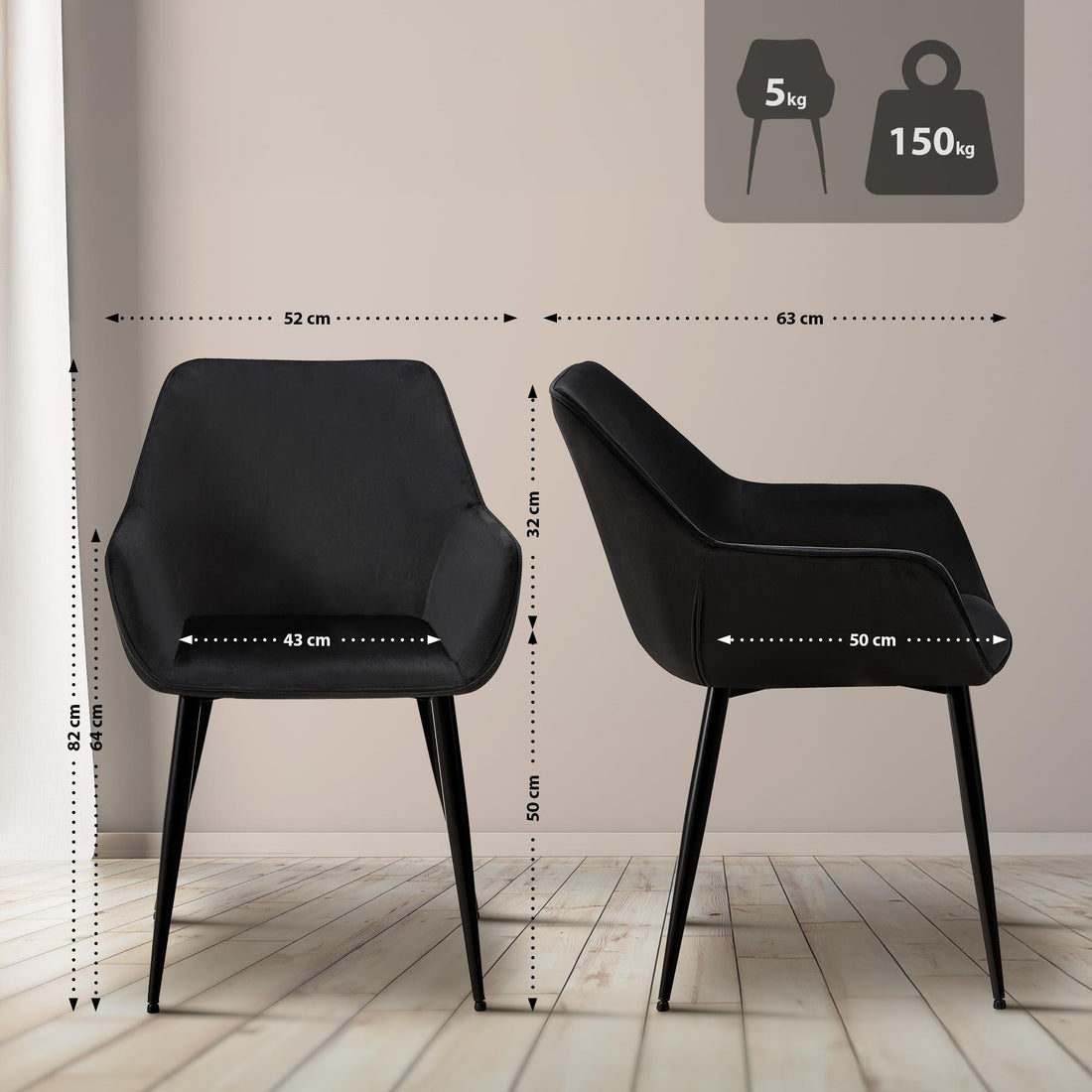 Moderne Eetkamerstoel Fluweel – Design Stoel, Comfortabel, Onderhoudsvriendelijk, Zwart Kleur zwart