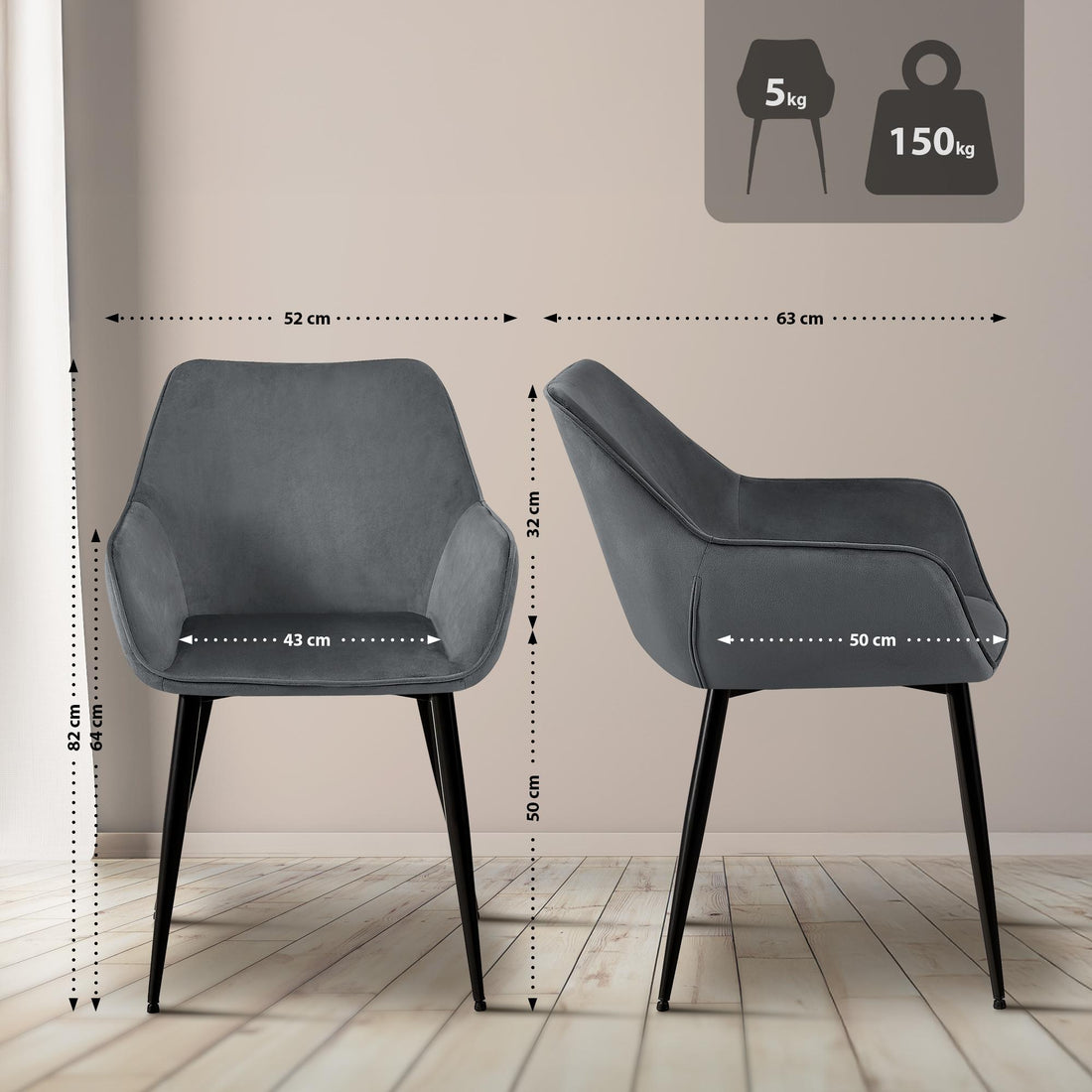 Donkergrijze Eetkamerstoel - Fluwelen Stoel - Ergonomisch Comfort - Onderhoudsvriendelijk Kleur donkergrijs
