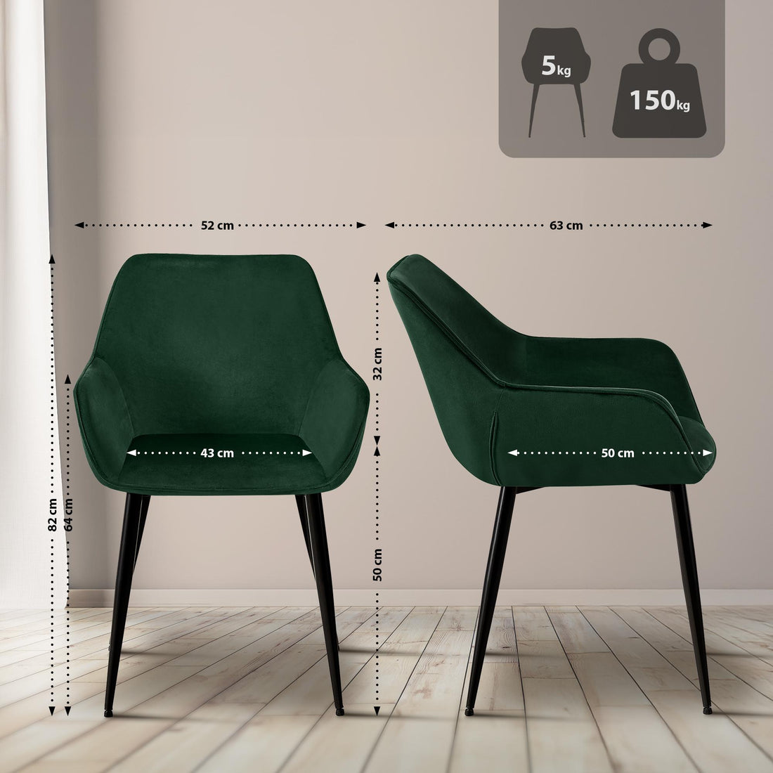 Groene fluwelen eetkamerstoel - Velvet Stoel - Comfortabel zitkussen - Sterk metalen frame Kleur groen