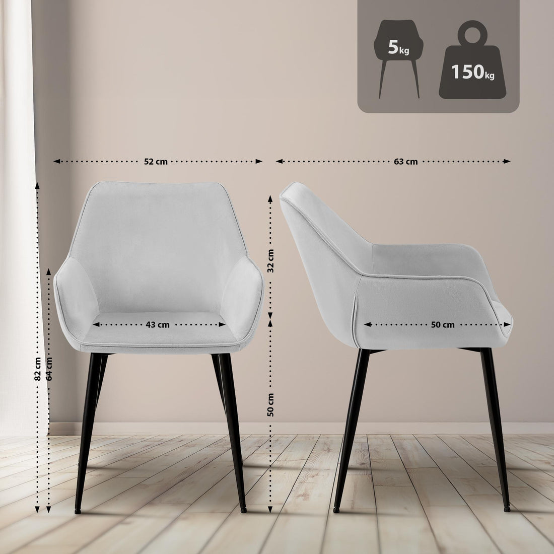 Moderne eetkamerstoel - Fluwelen stoel - Stabiel & comfortabel, gemakkelijk schoon te maken Kleur lichtgrijs