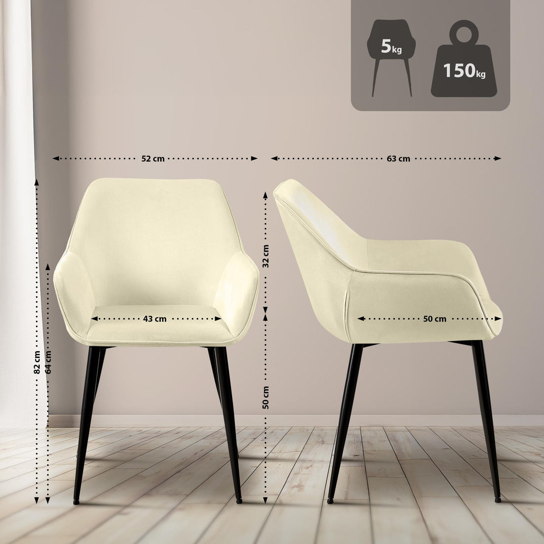 Eetkamerstoel Crème Fluweel – Comfort Stoel – Ergonomisch Zitcomfort, Zwart Metalen Frame Kleur crème