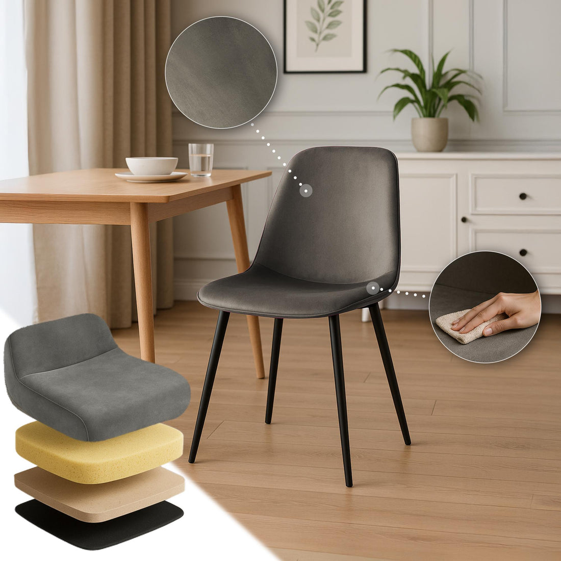Set van 4 Fluwelen Eetkamerstoelen - Keukenstoelen - Hoog Zitcomfort, Modern Ontwerp Kleur antraciet
