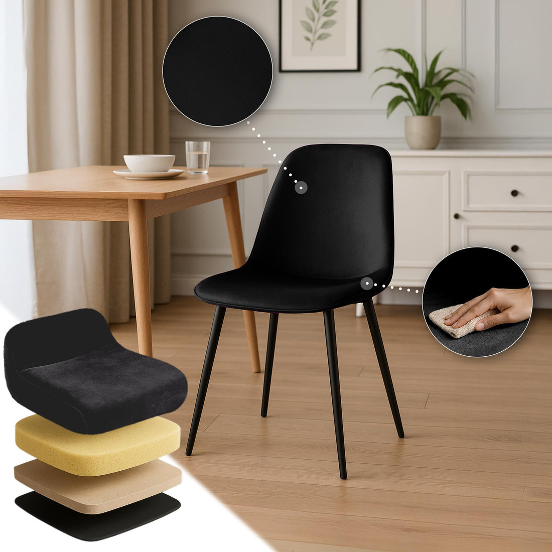 Set van 4 Eetkamerstoelen - Fluwelen Stoelen - Comfortabel Zitvlak - Duurzaam & Stevig Metalen Frame Kleur zwart
