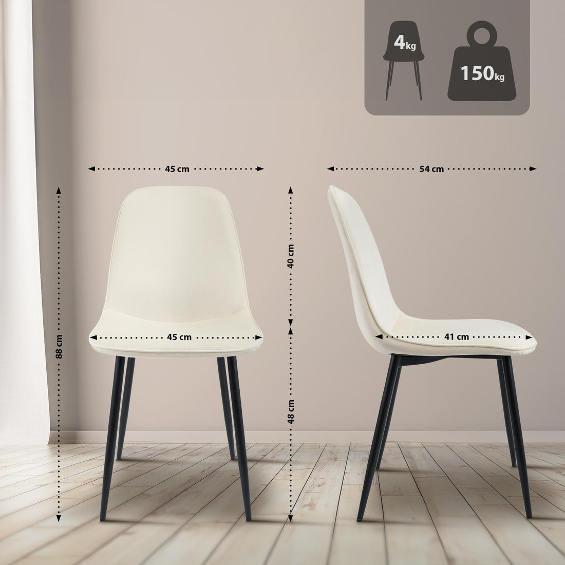 Set van 4 Eetkamerstoelen - Fluwelen Stoelen - Luxe Comfort - Stevig Metaal - Crème Kleur crème