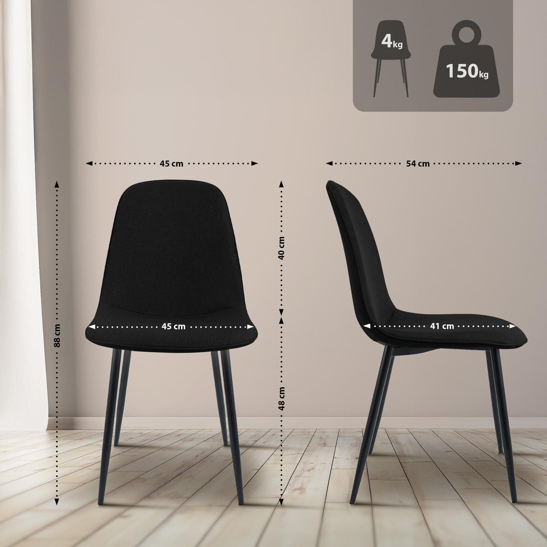 Set van 4 Eetkamerstoelen - Keukenstoelen - Comfortabele bekleding - Moderne uitstraling Kleur zwart