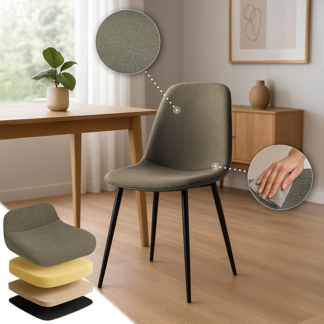 Set van 4 eetkamerstoelen - Keukenstoelen - Hoog zitcomfort, tijdloos design, stevige metalen poten Kleur taupe