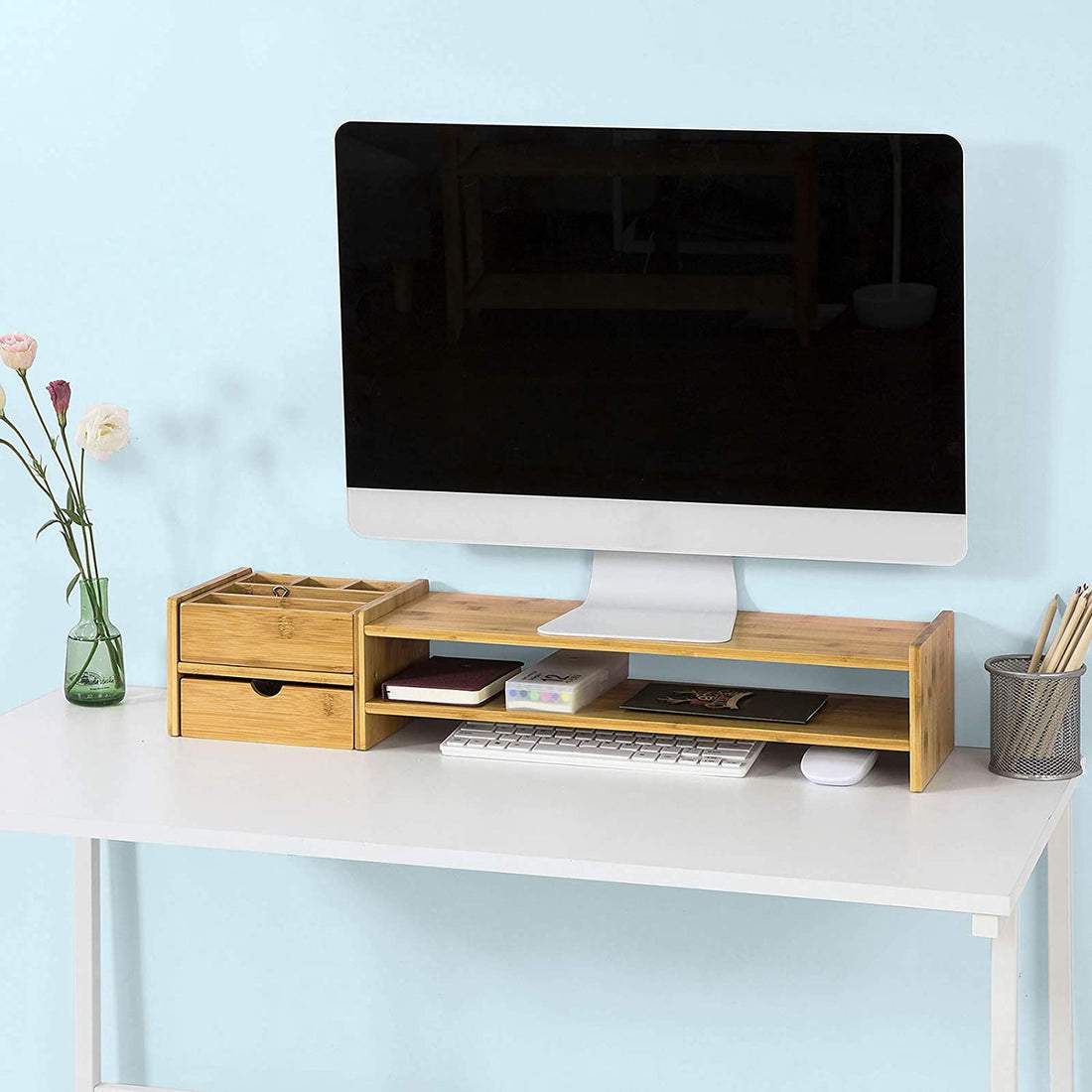 Bamboe Monitorstandaard - Computerscherm - Monitorstandaard - Monitor Riser Bureau-organizer 2 Planken 2 Laden