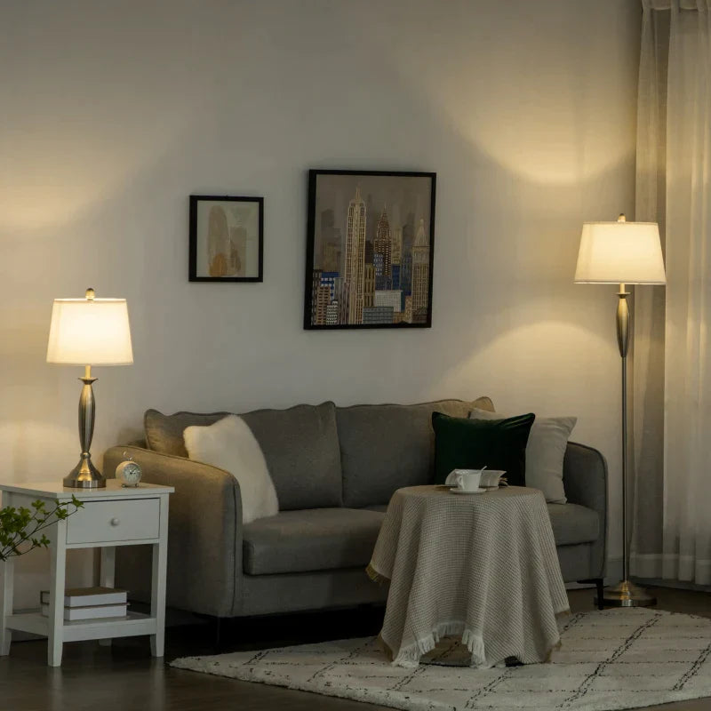 3-delige lampenset - Vloerlamp + 2 tafellampen | Kleur: Zilver+Wit | Afmetingen: 38x38x162 cm