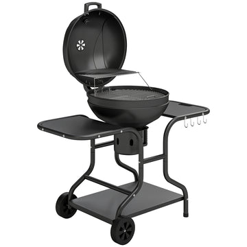 Houtskoolgrill met dekselthermometer en zijtafels | Kleur: Zwart | Afmetingen: 129x63,5x106,5 cm