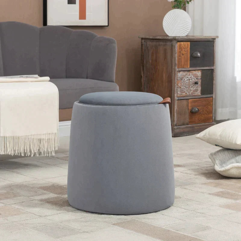 Ronde opbergpoef met dienblad - fluweellook | Kleur: Grijs | Afmetingen: 44x44x47.5 cm