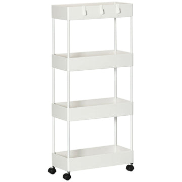 Keukentrolley met 4 niveaus en haken | Kleur: Wit | Afmetingen: 19x40x90 cm