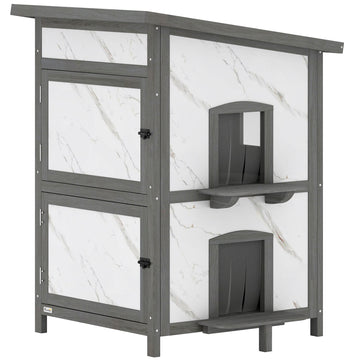 Houten buitenkattenhuis met meerdere ingangen | Kleur: Wit, grijs | Afmetingen: 60x60x88 cm