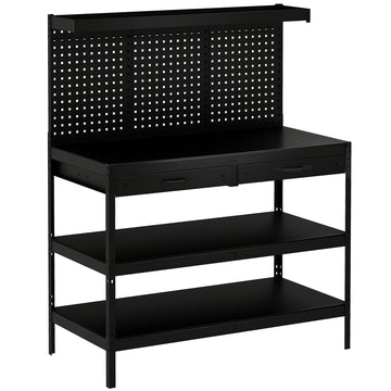 Werkbank met verstelbare planken en gereedschapswand | Kleur: Zwart | Afmetingen: 122x61x156 cm