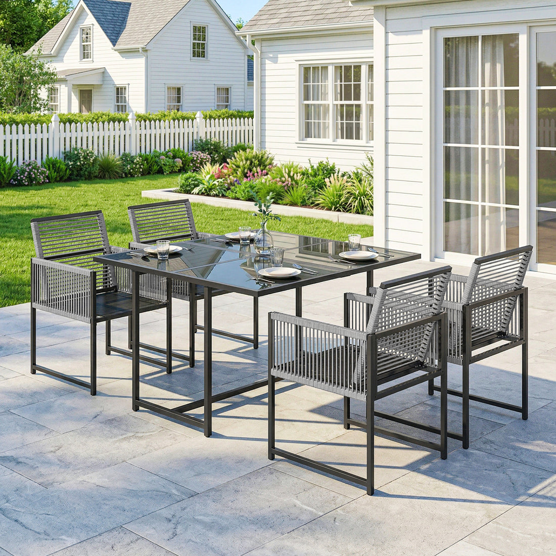 5-delige tuinset met glazen tafel en 4 klapstoelen | Kleur: Lichtgrijs | Afmetingen: 120x120x72 cm