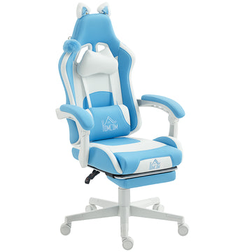 Gamingstoel met kattenoren en voetensteun | Kleur: Blauw | Afmetingen: 62x65x116-124 cm