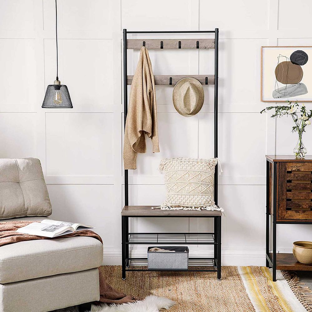 Garderobenständer mit 3 Ablagen und Sitzbank – Wandgarderobe – Greige/Schwarz – 70 x 32 x 175 cm