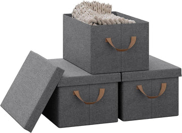 Set van 3 opbergboxen met deksel en handgrepen, vouwbaar | Grijs | 38x27x20 cm