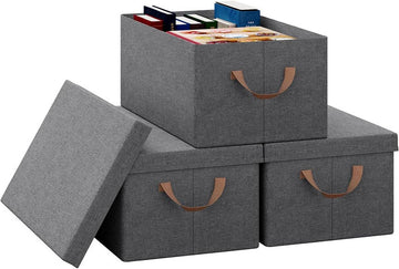 Set van 3 opbergboxen met deksel en handgrepen, inklapbaar | Grijs | 48x29x20 cm