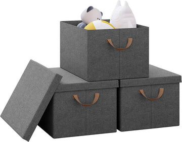 Set van 3 opbergboxen met deksel en handgrepen, inklapbaar | Grijs | 43x33x26 cm