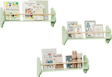 3-delig kinderboekenrek voor wandmontage | Groen | 45x23x12,7 cm