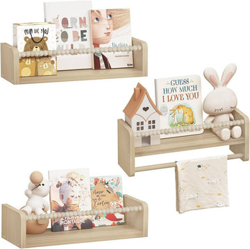 3-delige kinderboekenplank wandrek massief hout | Houtkleur | 40x14x15 cm