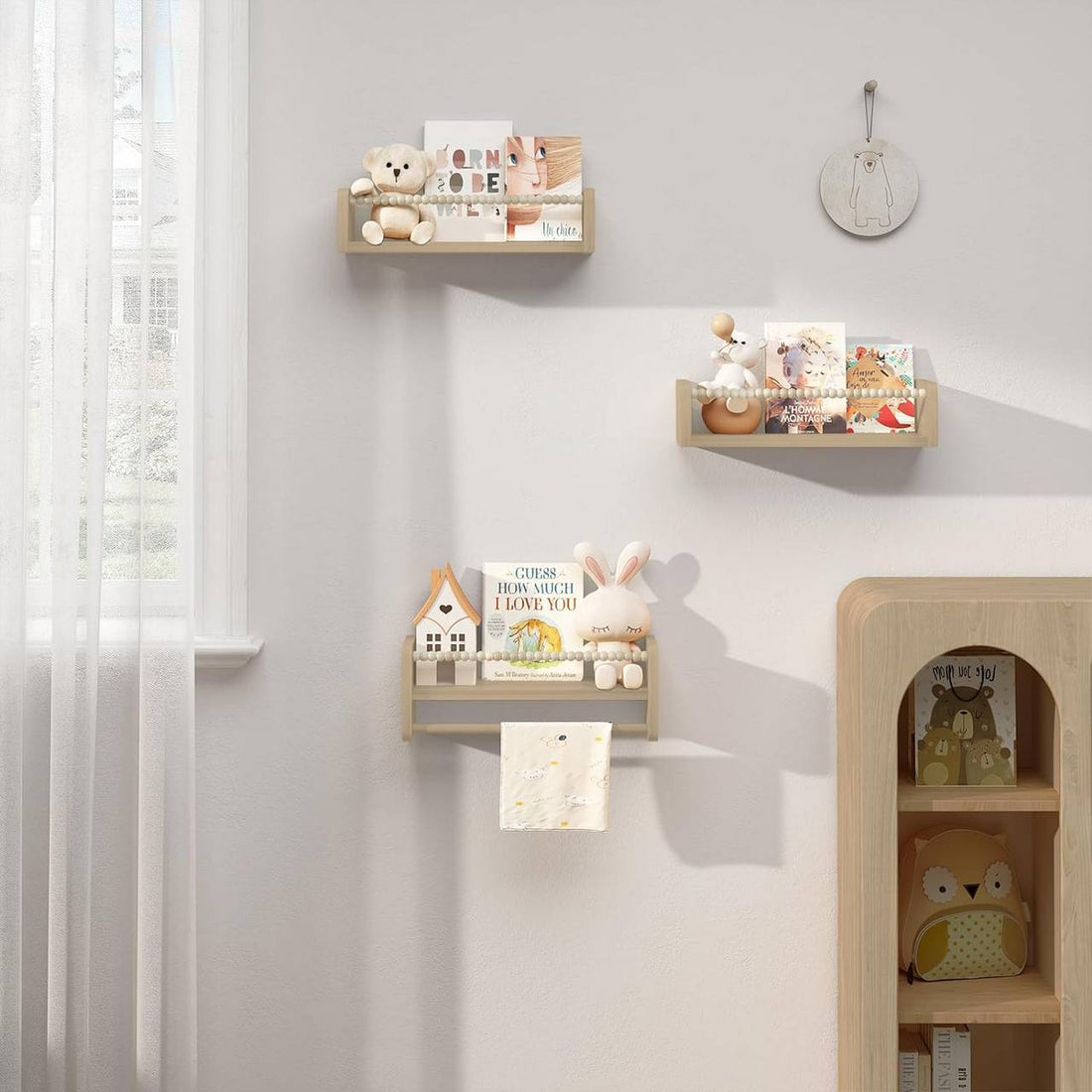 3-delig barnboksställ väggmonterad massivt trä | Träfärg | 40x14x15 cm