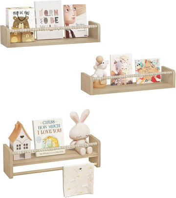 3-delige kinderboekenplank wandrek van massief hout | Houtkleur | 50x14x15 cm