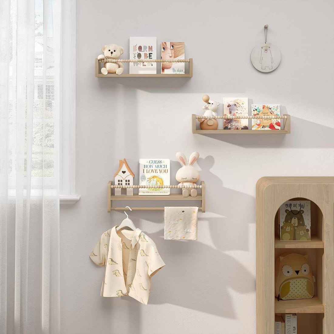 3-teiliges Kinderbuchregal Wandregal aus Massivholz | Holzfarbe | 50x14x15 cm