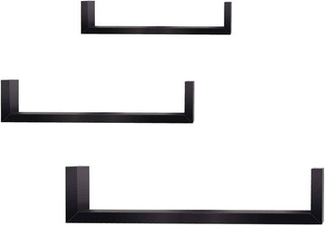 3-delige retro wandplankenset in U-vorm | Zwart | 26x6x9,7 cm, 34x7,5x9,7 cm, 42x9x9,7 cm