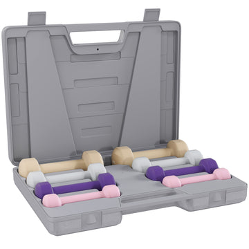 Hantelset 4 paar met koffer | Kleur: Roze+Paars+Grijs+Koffie | Afmetingen: 30x41x8 cm
