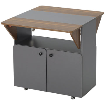 Opvouwbare tafel met kast op wielen | Kleur: Grijs, bruin | Afmetingen: 83x70x75 cm