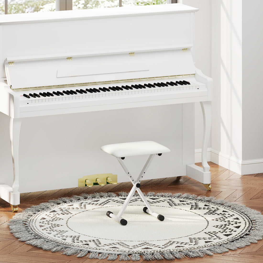 Justerbar pianopall – hopfällbar keyboardbänk | Färg: Vit | Mått: 29x39x37-47 cm