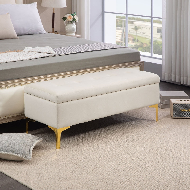 Opbergbank met fluwelen bekleding en gouden poten | Kleur: Beige | Afmetingen: 44x120x44.5 cm