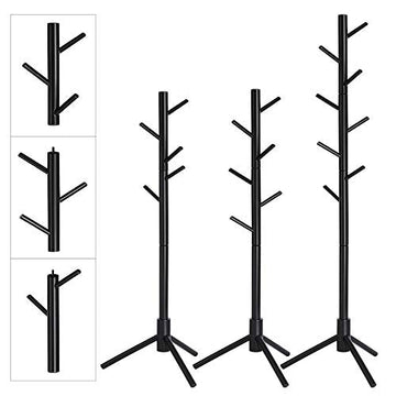 Vrijstaande houten kapstok met haken - rubberwood - zwart - 47 x 47 x 175 cm