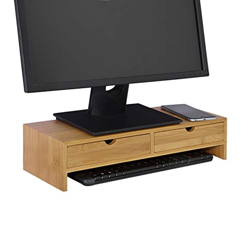 Bamboe Monitorstandaard Computerscherm - Monitorstandaard Monitor Riser Bureau-organizer met 2 laden