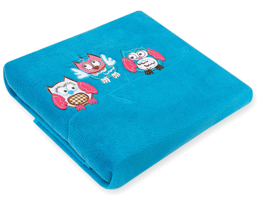 Babydeken, fleece deken, extra zacht en warm - turquoise - uilenmotief - 70x100 cm