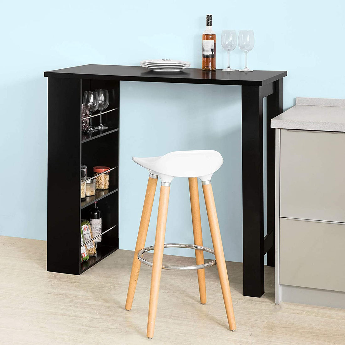 keukeneettafel - bartafel salontafel met opbergrek op 3 niveaus